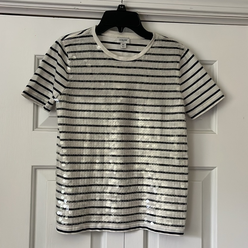 NWT J. Crew Sequin Stripe Tee Navy Blue & White XS - Picture 6 of 9